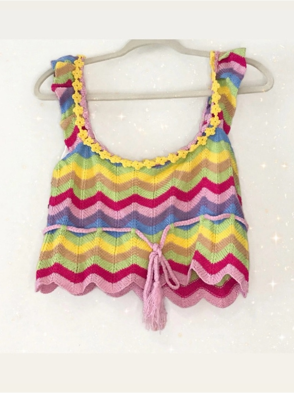 Sugar Thrillz by Dolls Kill So Psyched Crochet Top Rainbow Chevron Design Crop